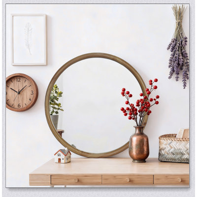 Round Wood Framed Wall Mirror, 23.62 Inch Natural Wooden Circle For Mid-Century Modern Decor And Versatile Home Use