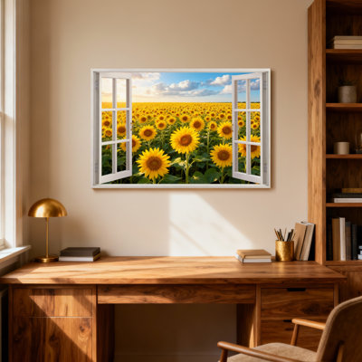 Paysage et nature champ de tournesols à travers une fenêtre ouverte