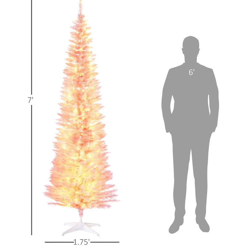 Grand sapin de Noël rose de 7 pi avec branches ignifuges, 200 lumières DEL blanc chaud et base à basse consommation artificielle à installation rapide, 499 pointes