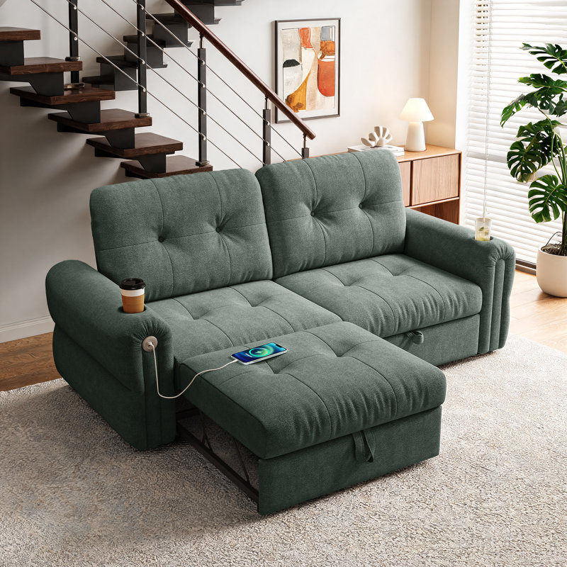 Canapé-lit convertible multifonctionnel en chenille de 77 po avec ports de chargement USB - Canapé-lit en chenille doux pour le salon