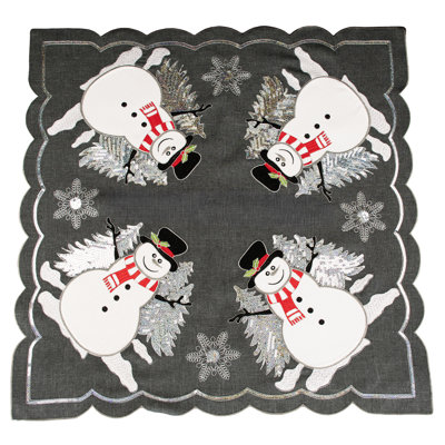 Snowmen and Christmas Trees Charcoal Grey Table Topper 34 Inch Square