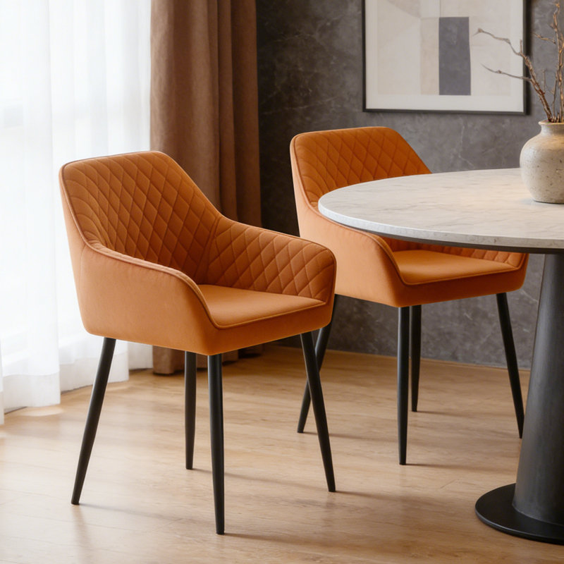 Upholstered Velvet Dining Chairs with Armrests & Diamond Tufting, Orange