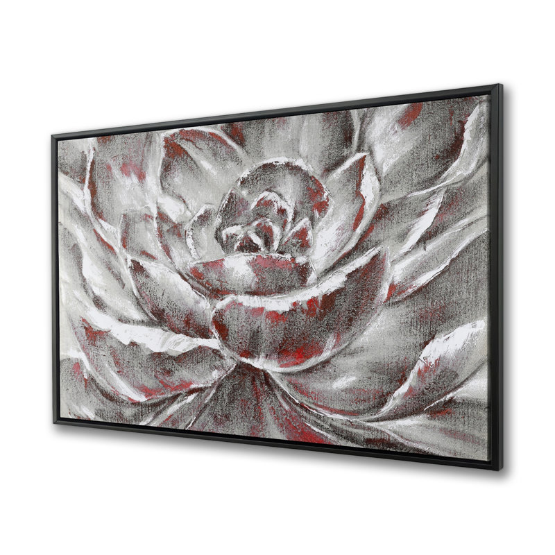 Fleur grise et rose - décor de toile contemporaine encadrée rose