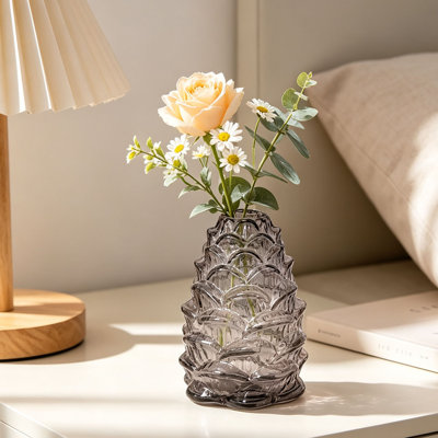 Decorative ribbon Pinecone Shaped Glass Vase Embossed Transparent Glass Flower Vase Decorative  Vase  Centerpiece Home Bedroom Living Room Decor Multiple Colors Avail