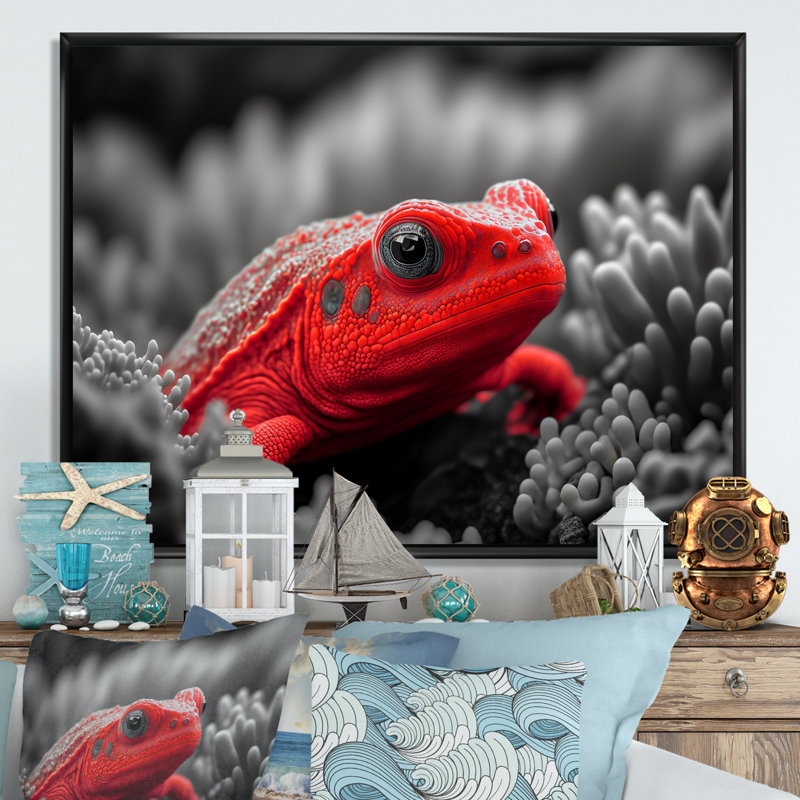 Créature sous-marine rouge - art mural bois côtier, H 30 po x l 40 po x P 1,5 po, Cadre flottant noir