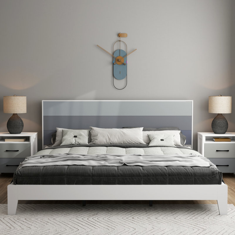 Allyannah Levison Platform Bed With Headboard, King, White/Stone Gray/Cool Gray/Night Owl