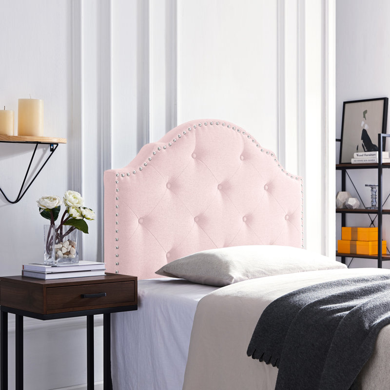 Contemporary Twin Headboard Upholstered In Blush, Showcasing Button And Nailhead Details Spectacular Diamond Stitch Fashionable Trim