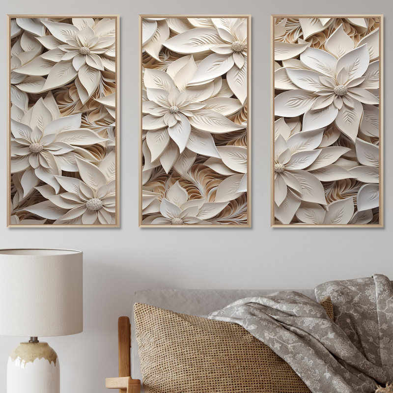 Beige poinsettia Serenade - ensemble de salon d'art mural poinsettias, Cadre naturel flottant, H 40 po x l 60 po x P 1 po