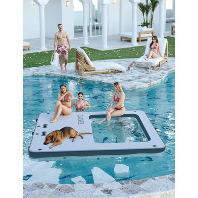 Inflatable Floating Dock Platform with Trampoline Mesh, Ladder, Pump & Carrying Bag, Swim Air Platform, Non-Slip Water Raft for Pool Lake Beach Ocean, 3x3m, Blue Green Trim
