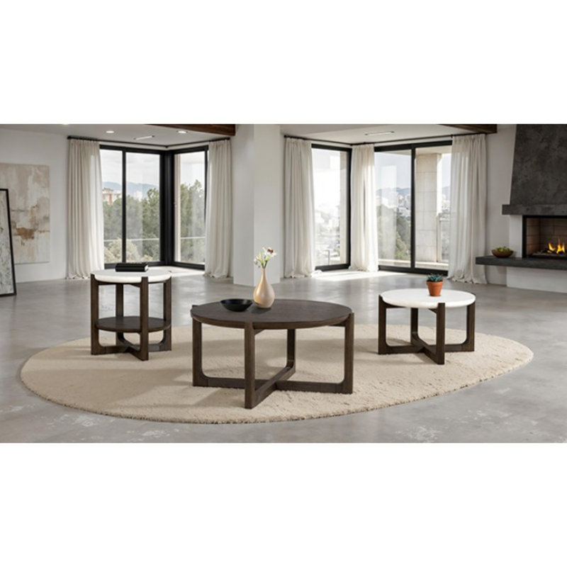 Structure en noyer foncé avec table ronde en pierre blanche de 25,5 po Celine