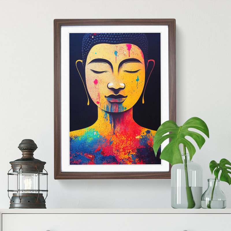 XV1022-3143X Paint Drip Buddha No.1 - Single Picture Frame Print, Walnut, 34cm H x 25cm W x 2cm D