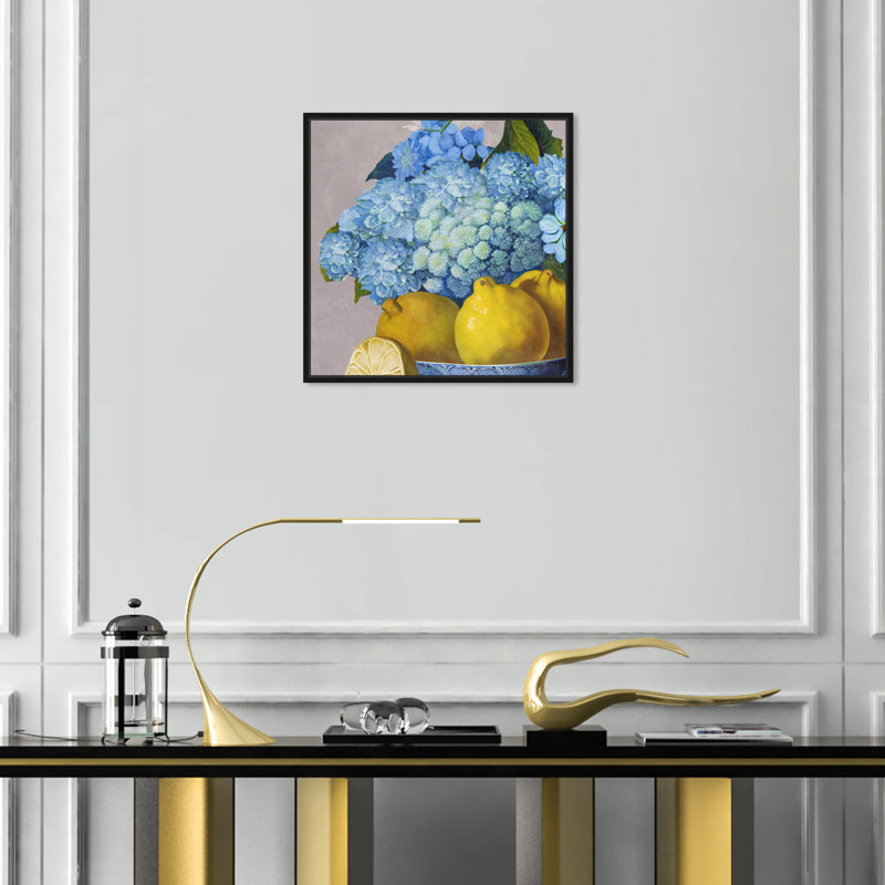 Hortensias et jour des citrons - Peinture, Cadre noir, H 17 po x l 17 po