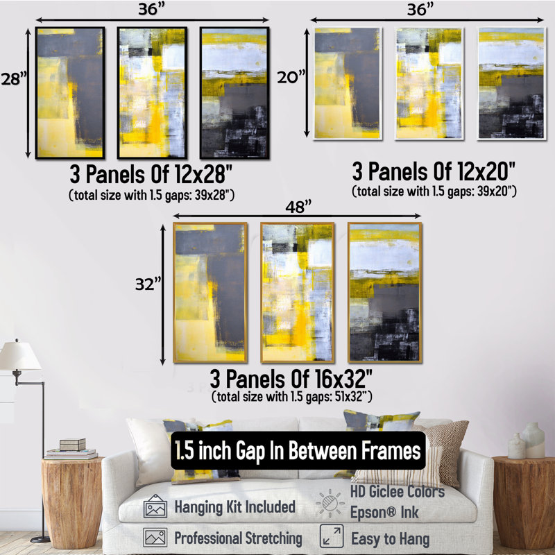 «Grey and Yellow Blur Abstract», ensemble de 3 toiles abstraites encadrées sur toile, Cadre noir, H 28 po x l 36 po