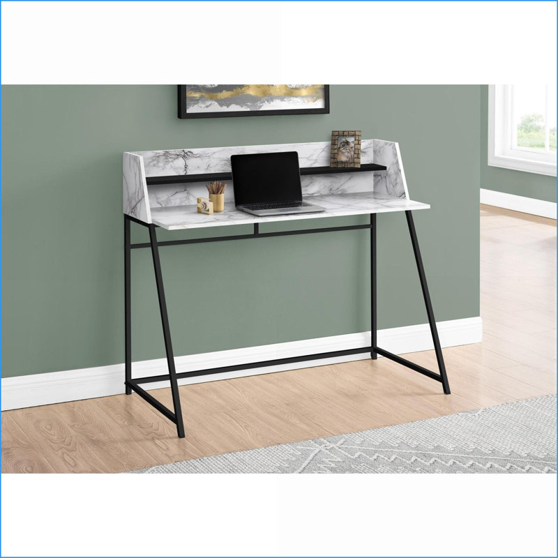 Desks 48” Contemporary Home Office Computer Desk with Storage Hutch | White Marble Look Laminate | Black Metal | White | Particle Board
