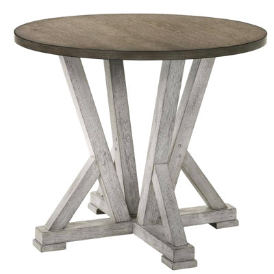 Table de salle à manger deux tons rustique, blanc antique et brun cendré, fabrication en bois massif, placage de chêne noueux, hauteur de comptoir, assise pour 4 personnes, hauteur de la base du piédestal blanc / frêne et 4 places, avec repose-pieds