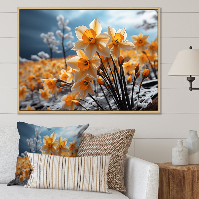 Daffodils Field Yellow Vibrant II - Imprimé, Cadre naturel flottant, H 16 po x l 32 po x P 1 po