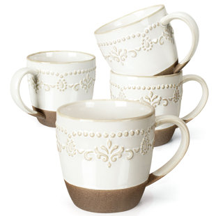  16 oz Embossed Ceramic Coffee Mugs, Set of 4, Microwave & Dishwasher Safe White Latte Cups for Tea & Cocoa (Damask Floral)