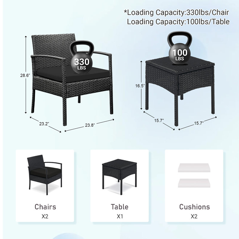 Adaleine 2-Person Patio Bistro Rattan Chair & Table Set with Cushions, Black