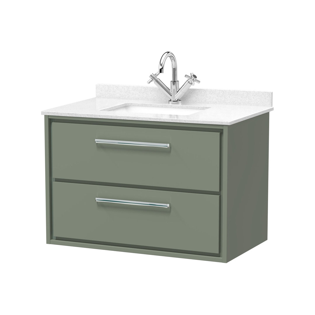 Hudson Reed Lille 800mm Fern Green 2 Drawer Wall Hung Vanity Unit With Square Basin With Marble Worktop