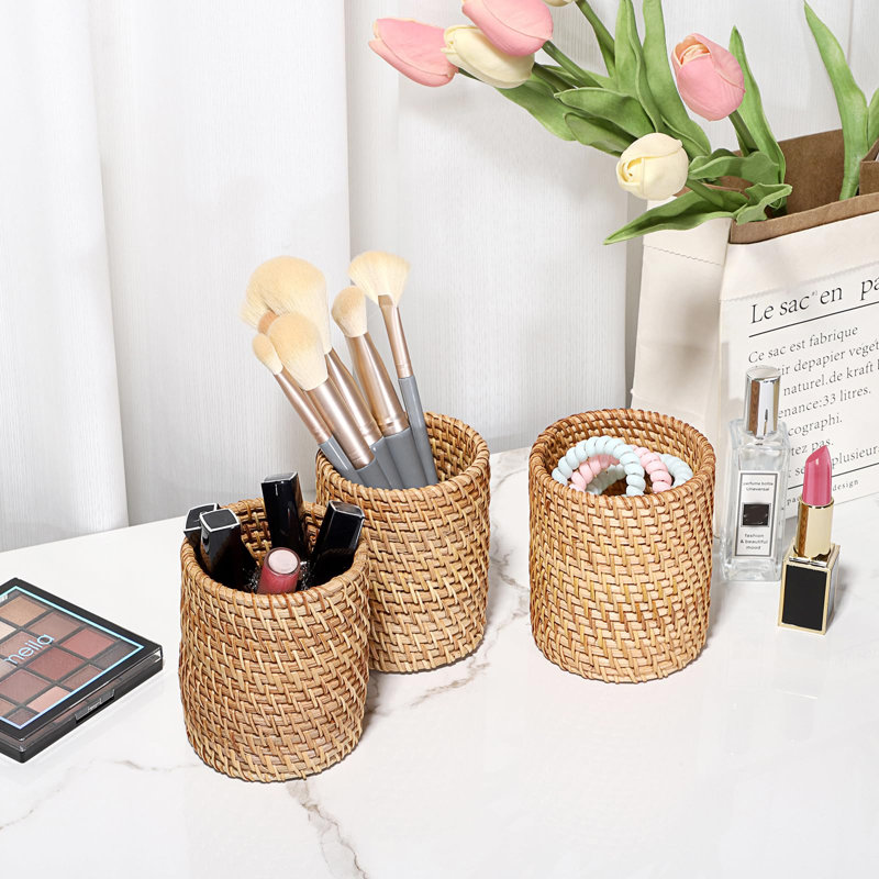 3 Pack Rattan Pen Cup, Handmade Desk Pencil Holders Makeup Brush Holder Multi-Functional Woven Basket Office&Home Desktop Organizer (Cylinder)
