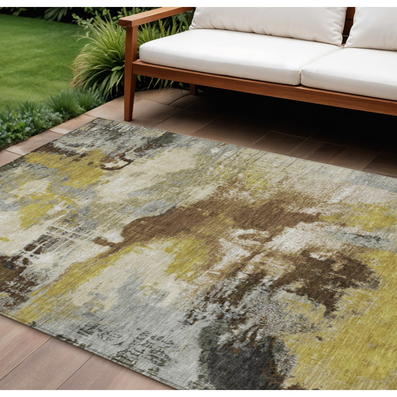 Tapis intérieur/extérieur lavable à motifs abstraits brun, gris et taupe, 2,74 m x 3,66 m