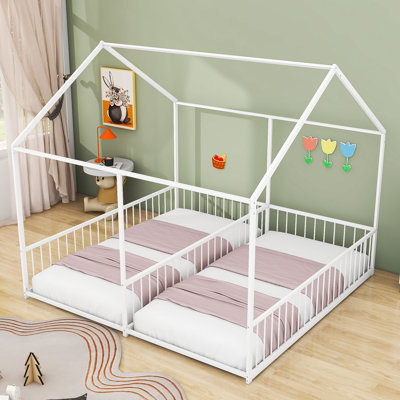 Twin Size House Platform Bed With Shared Beds And Guardrails
