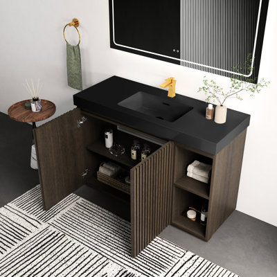 Meuble-lavabo de 48 po en chêne fumé avec lavabo à quartz noir, conception moderne, fixation murale à embout sans soudure, charnières à fermeture douce, meuble-lavabo autoportant personnalisable, style, structure en bois massif,