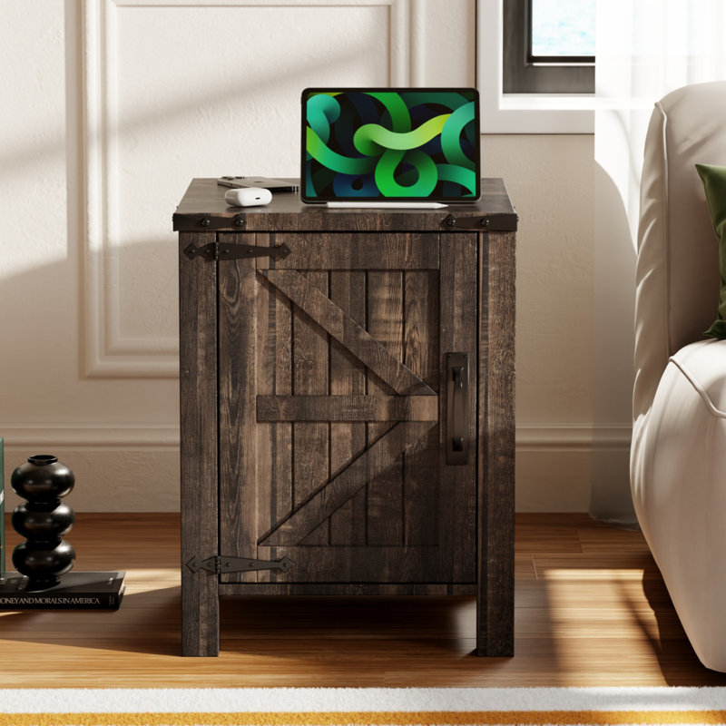 24'' Tall Farmhouse End Table With Charging Station, Wood Nightstand With Adjustable Shelf, Built-in Outlets, Dark Rustic Oak