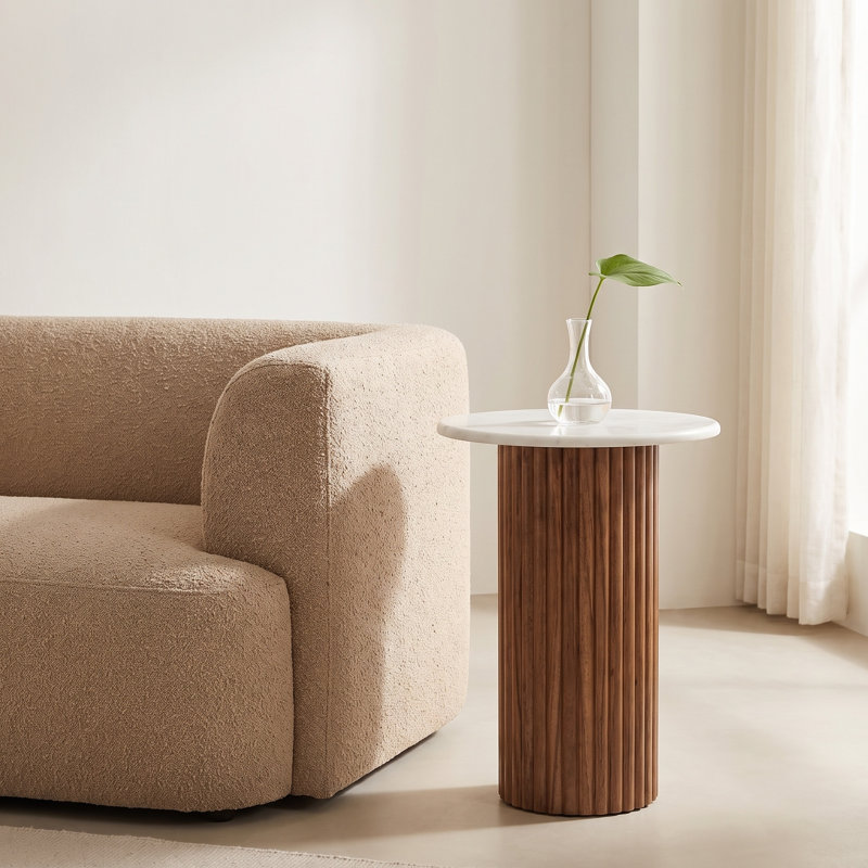 Round Marble Fluted Wood Cylinder Side Table