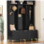 Grand portemanteau moderne avec banc, banc de rangement multifonctionnel avec portes cannelées ultrabrillantes, portemanteau luxueux avec 6 crochets et pieds dorés pour le vestibule et le salon-345801536