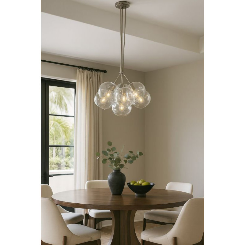 7-Light Satin Nickel Chandelier With Droplet Clear Glass Shades