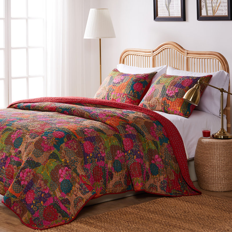 Jewel-Toned Floral Kantha Quilted Twin-XL Bedding Set