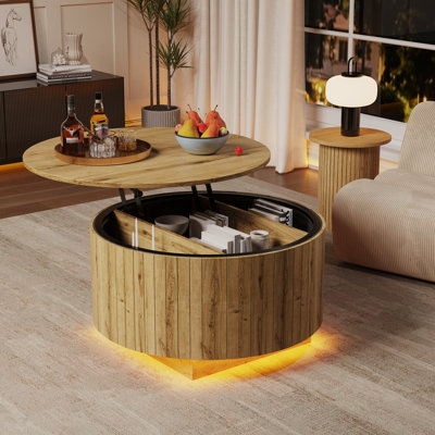 Table basse à plateau relevable 31,5 "avec lumières à DEL RVB et rangement caché - aspect bois naturel, contrôle intelligent de l'application, assemblage facile
