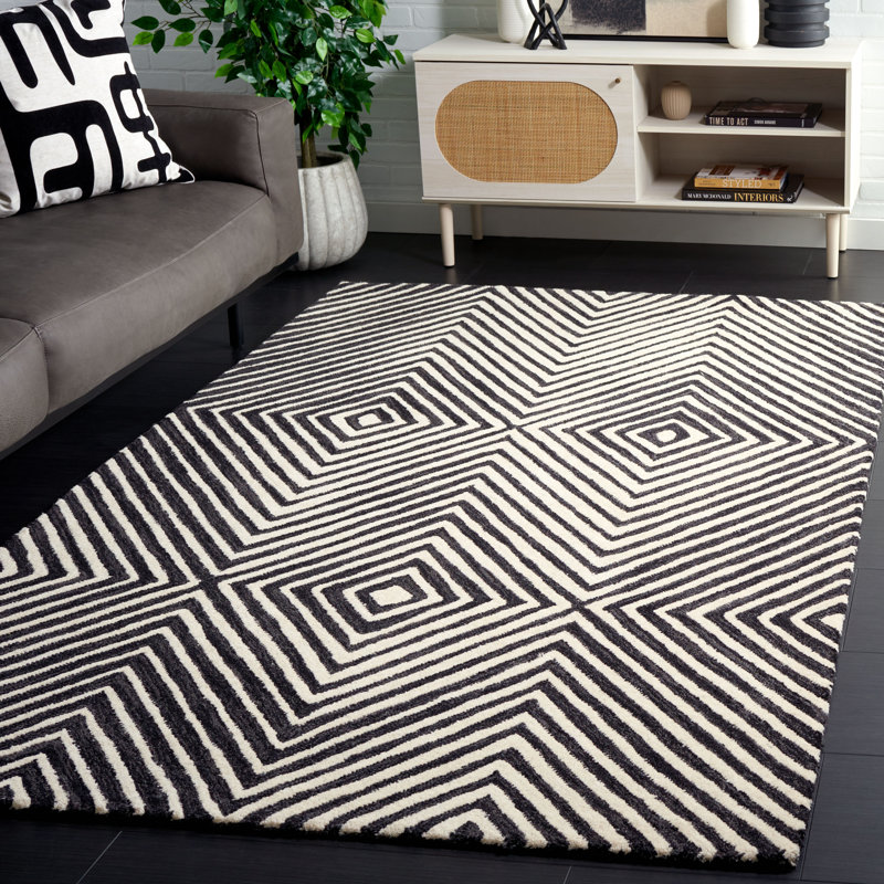 Joahan Geometric Hand Tufted Wool/Cotton Area Rug in Black/Ivory, Rectangle 5' x 8'