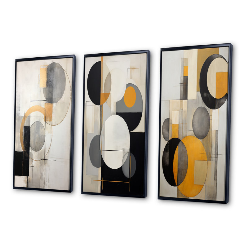 «Energy Of Possibilité Retro Circular Abstract IV», 3 pièces sur toile, Cadre flottant noir, H 28 po x l 36 po