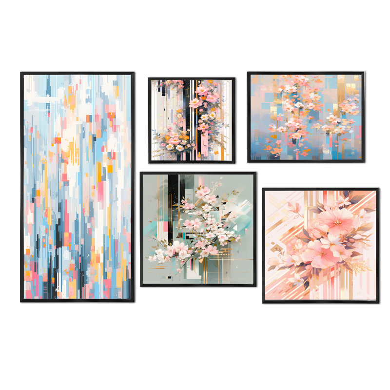 Fleurs de cerisier modernes roses "Bold Stripes I" - ensemble d'art mural sur toile cerise de 5, Cadre flottant noir
