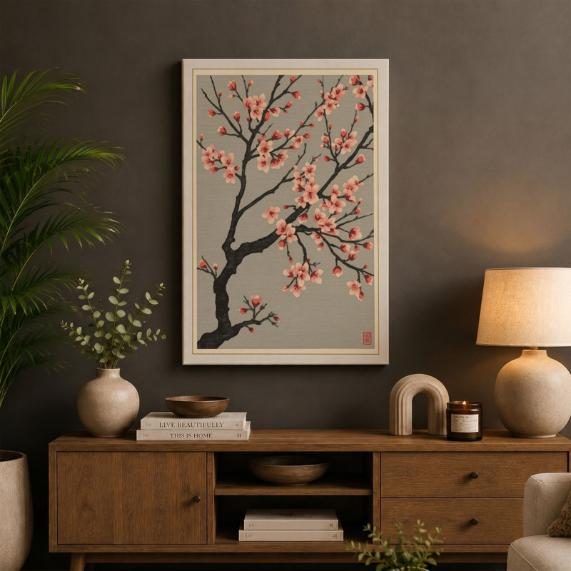 Moonlit Cherry Blossom Japandi - Wrapped Canvas, 18x12 - 45.7 x 30.5 cm, Black Border