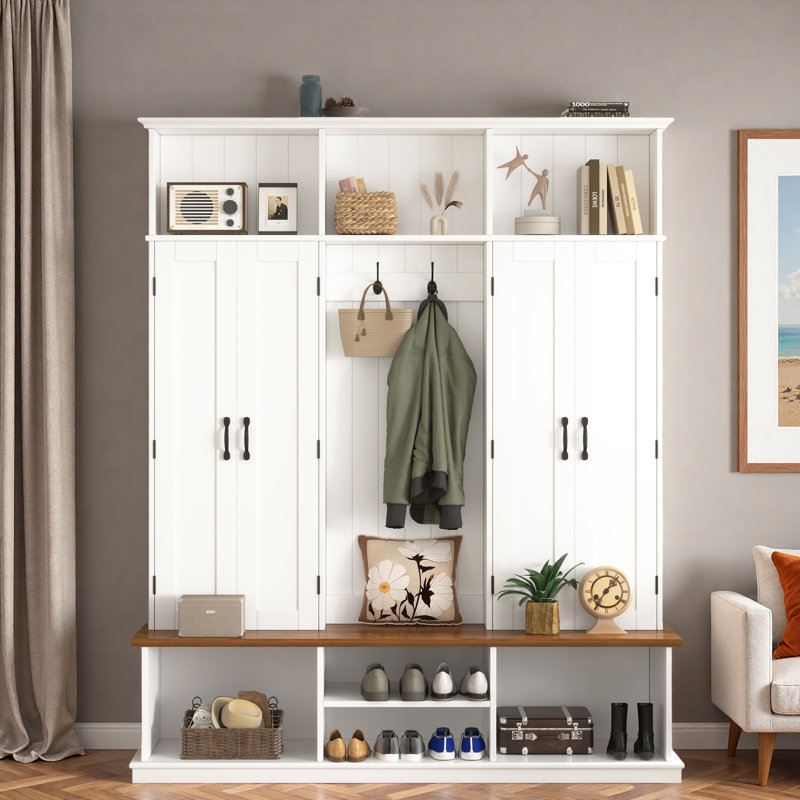 Hall Tree With Bench, Top Cubbies, Bottom Storage Space, Cabinets And Hooks, White