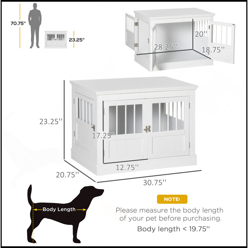 Table de bout pour cage de chien avec portes triples, cage à chien en bois pour l'intérieur, cage à chiot avec tubes en acier, pour petits chiens, blanc