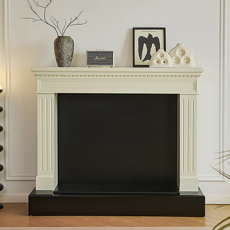 Meuble télé avec cheminée minimaliste de style français, Noir/crème