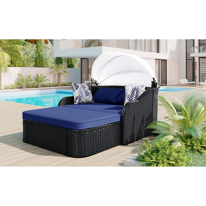 Lit de bronzage d'extérieur 79,9 po avec auvent réglable, lit double, lit de repos en rotin PE, osier noir et coussin bleu