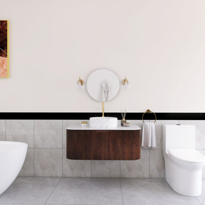 Meuble-lavabo flottant mural 36 po en noyer avec plateau en marbre artificiel blanc