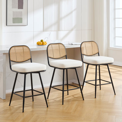 Upholstered Swivel Counter Stool With Rattan Backrest