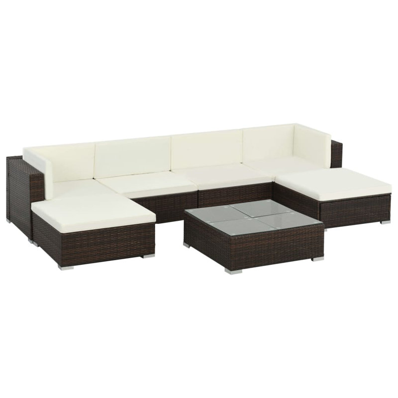 Patio Furniture Set 7 Piece Outdoor Sofa with Coffee Table Poly Rattan, Cream White, Brown