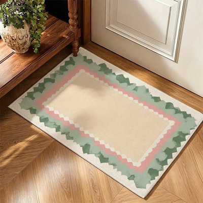 Tapis antidérapant pour petits espaces, motif à bordure crème, verte et rose, 119 x 79 cm (47 x 31 po) pour entrée/couloir