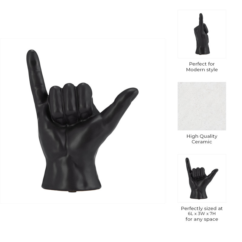 Crislyn Decorative Stoneware Ceramic Hand Sculpture with Shaka Gesture Silhouette Contemporary Abstract Accent Art Figurine Modern Handcrafted Display Object