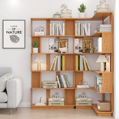 Bibliothèque de coin autoportante en L de 90 cm (35,43 po) à 5 niveaux pour salon, chambre à coucher, bureau à domicile, bibliothèque en bois avec panneau anti-chute et dispositif anti-basculement, tablette ouverte