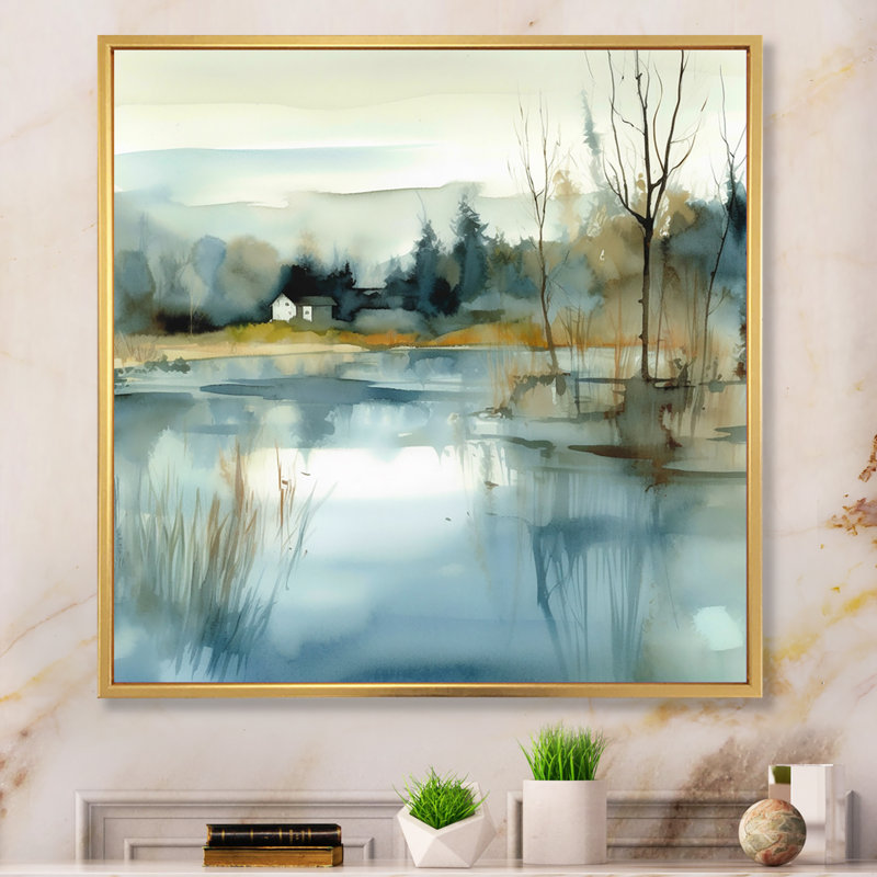 Summer Lake Landscape Illustration V - Lake, art mural, H 36 po x l 36 po x P 1,5 po, Cadre flottant doré