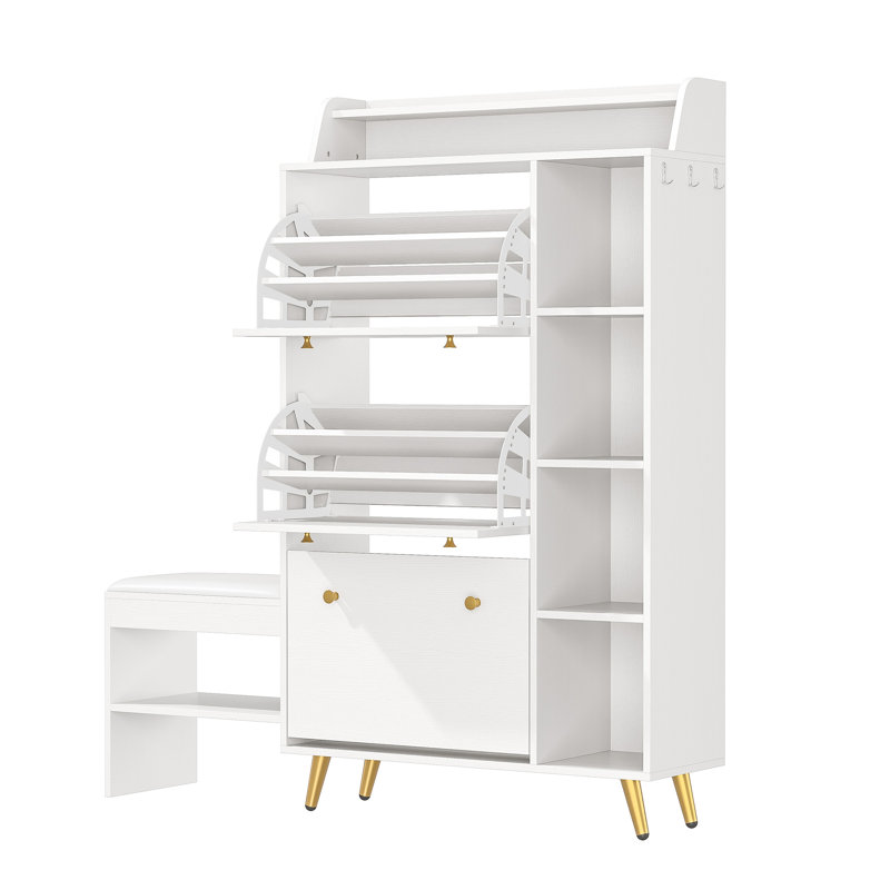 57" Modern Narrow Hidden Shoe Storage Cabinet Organizer With Bench For Entryway With 3 Flip Drawer, White