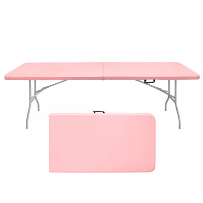 8Ft Pink Folding Table, Portable Plastic Table For Camping, Picnics, Parties, High Load Bearing Foldable Table